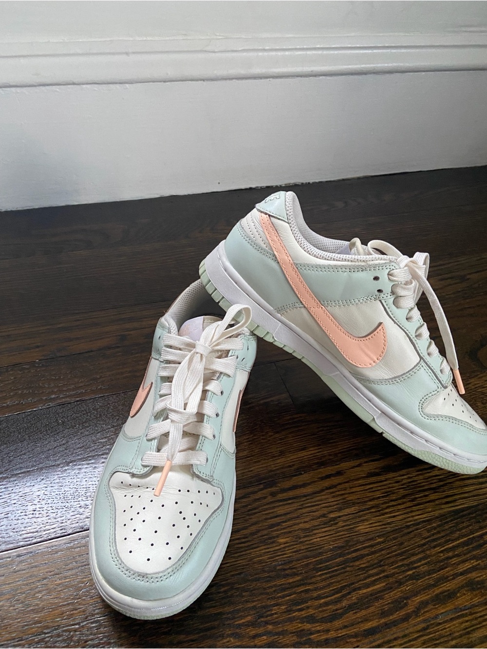 Nike Women’s Mint Green and Peach Nike Dunk Low Sneakers
